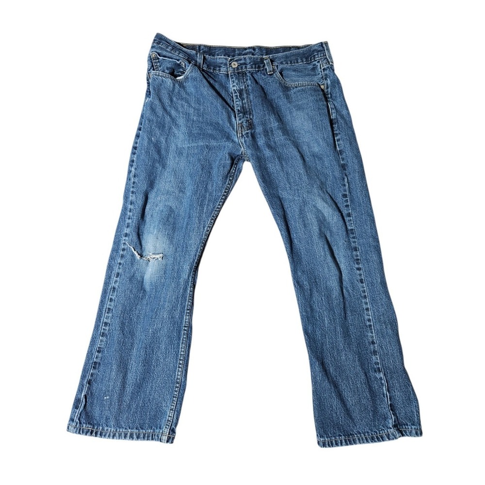 Levis 527 Mens 38x30 (Fits 36x28) Bootcut Jeans Blue Distressed With Knee‎ Rip